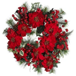 Poinsettias, Pinecones And Berries Artificial Christmas Wreath, 24-Inch, Unlit