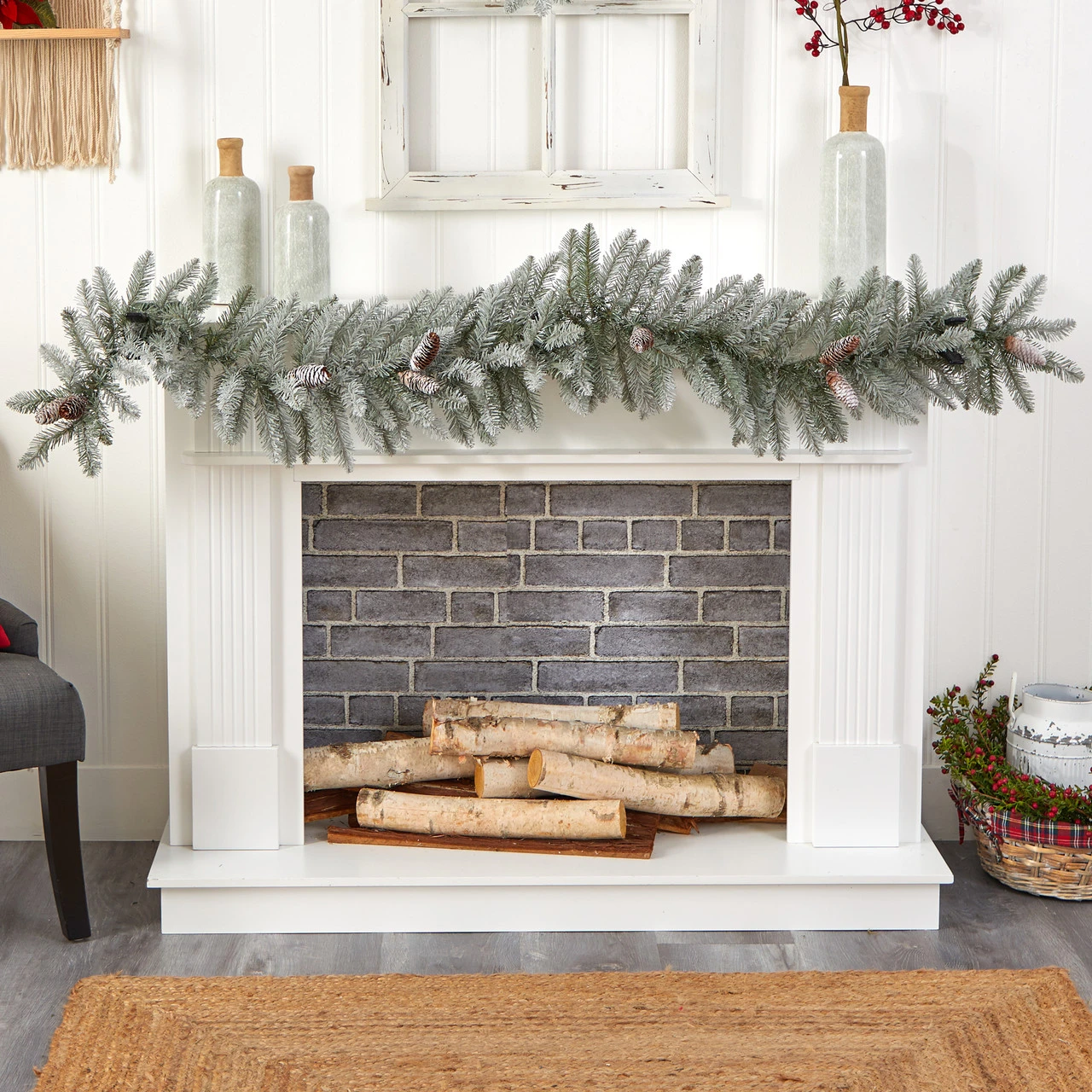 6' X 12" Pre-Lit Artificial Frosted Christmas Garland With Pinecones, Clear LED Light - Image 5