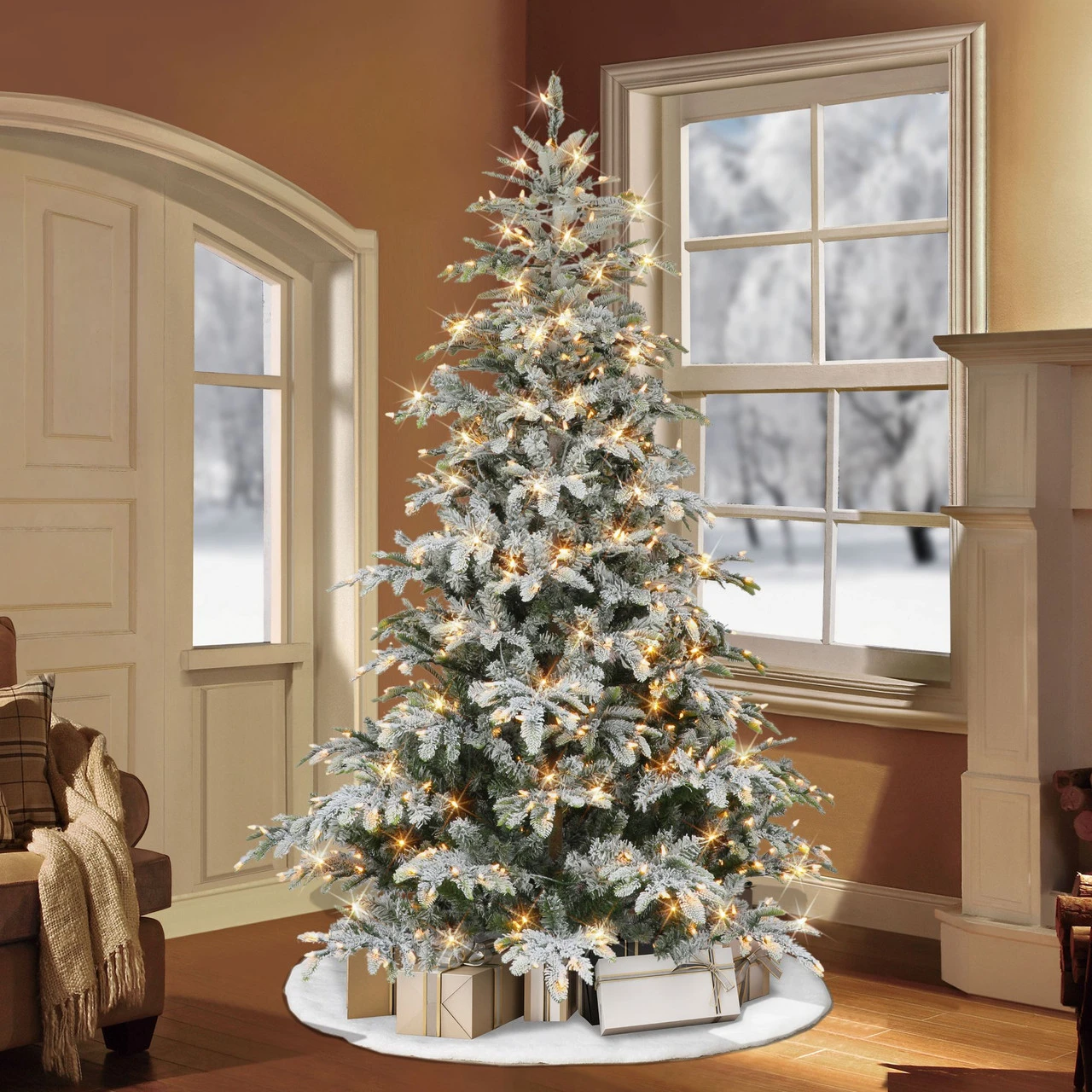 7.5' Pre-lit Flocked Aspen Green Fir Artificial Christmas Tree, Color Select LED Lights - Image 3