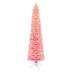 6.5' Pre-lit Flocked Fashion Pink Pencil Artificial Christmas Tree, Clear Lights