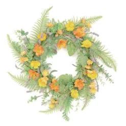 Mini Ranunculus With Sage Artificial Spring Floral Wreath, Yellow 24-Inch