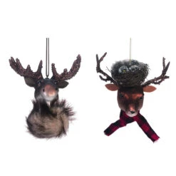 Set Of 2 Gray And Red Reindeer Christmas Ornaments 7"