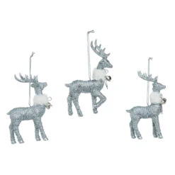 Set Of 3 Silver Shimmer Fur Collar Reindeer Christmas Ornaments 5"