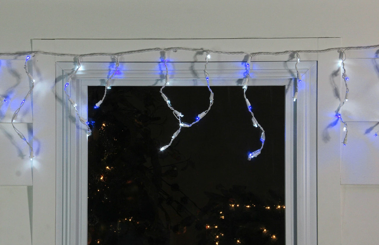 100ct Blue And Pure White LED Wide Angle Icicle Christmas Lights, 5.5 Ft White Wire - Image 3