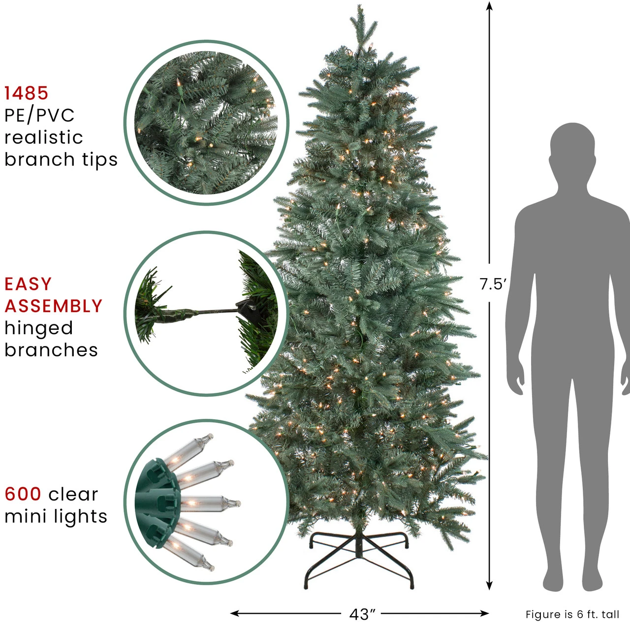 7.5' Pre-Lit Washington Frasier Fir Slim Artificial Christmas Tree - Clear Lights - Image 6