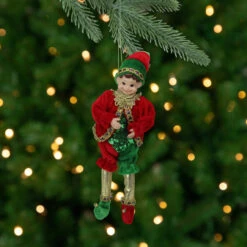 12" Red And Green Bendable Elf In A Suit Hanging Christmas Ornament