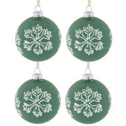 4ct Green Glass Christmas Ball Ornaments With White Snowflakes 3" (80mm)