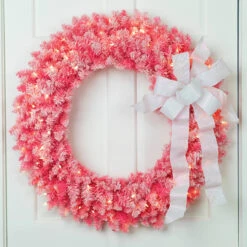 Pre-Lit Flocked Pink Artificial Christmas Wreath - 36 Inch, Clear Lights