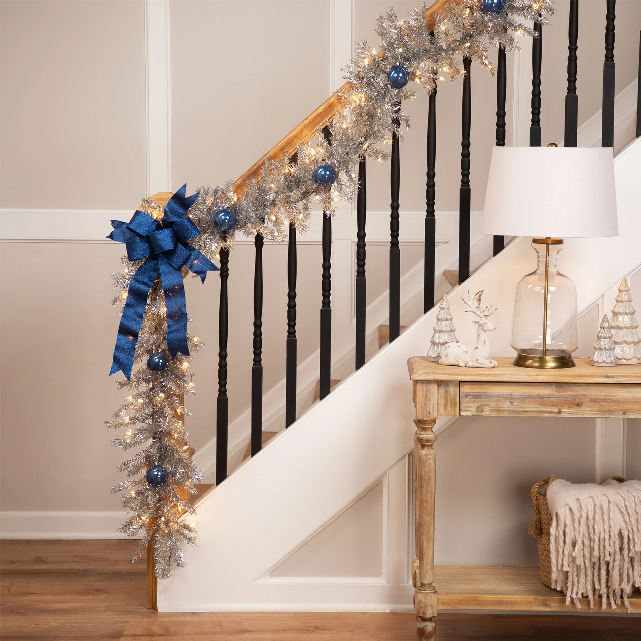 9' X 12" Pre-Lit Silver Tinsel Artificial Christmas Garland, Clear Lights