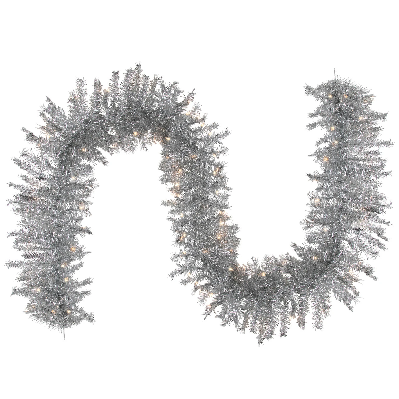9' X 12" Pre-Lit Silver Tinsel Artificial Christmas Garland, Clear Lights - Image 2