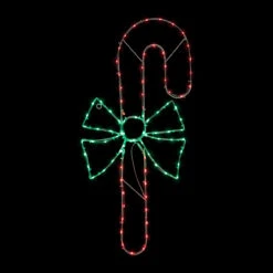 28" Green And White LED Lighted Candy Cane With Bow Christmas Window Silhouette