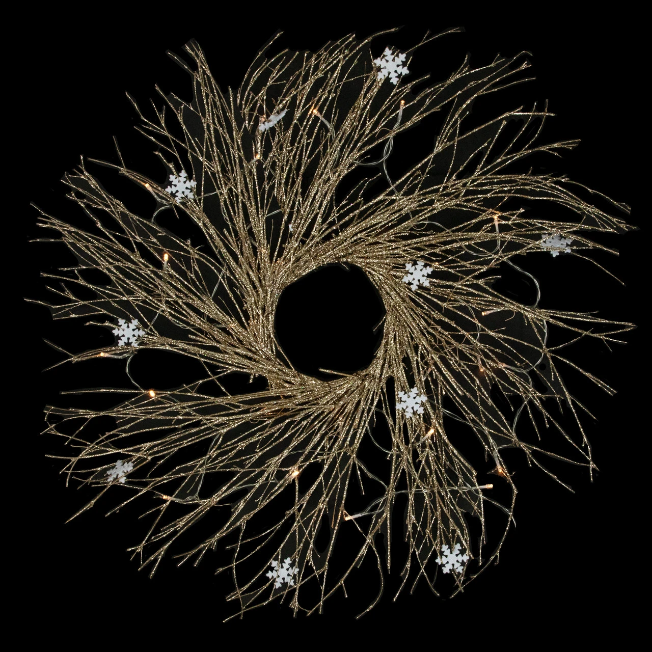 28" Pre-lit Champagne Glittered Artificial Twig Christmas Wreath, Warm White LED Lights - Image 3