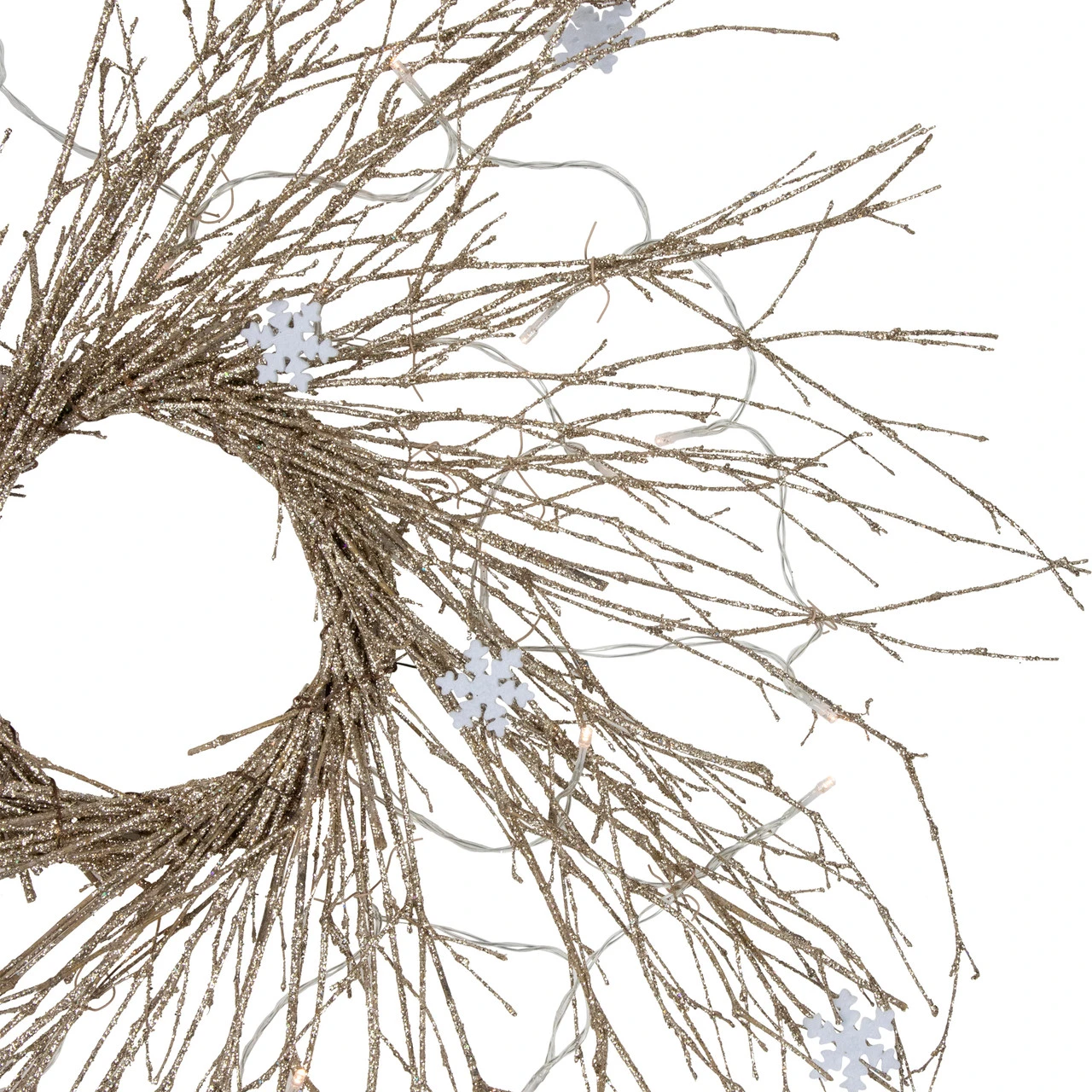 28" Pre-lit Champagne Glittered Artificial Twig Christmas Wreath, Warm White LED Lights - Image 4