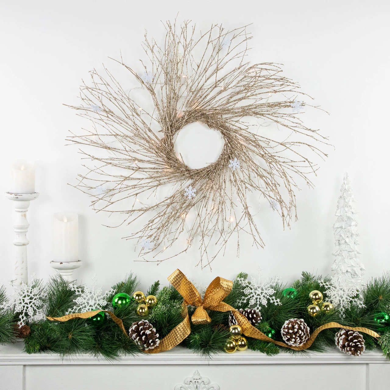 28" Pre-lit Champagne Glittered Artificial Twig Christmas Wreath, Warm White LED Lights - Image 2