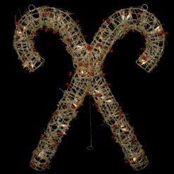 25" Lighted Champagne Gold Glittered Rattan Double Candy Cane Christmas Outdoor Or Window Decoration