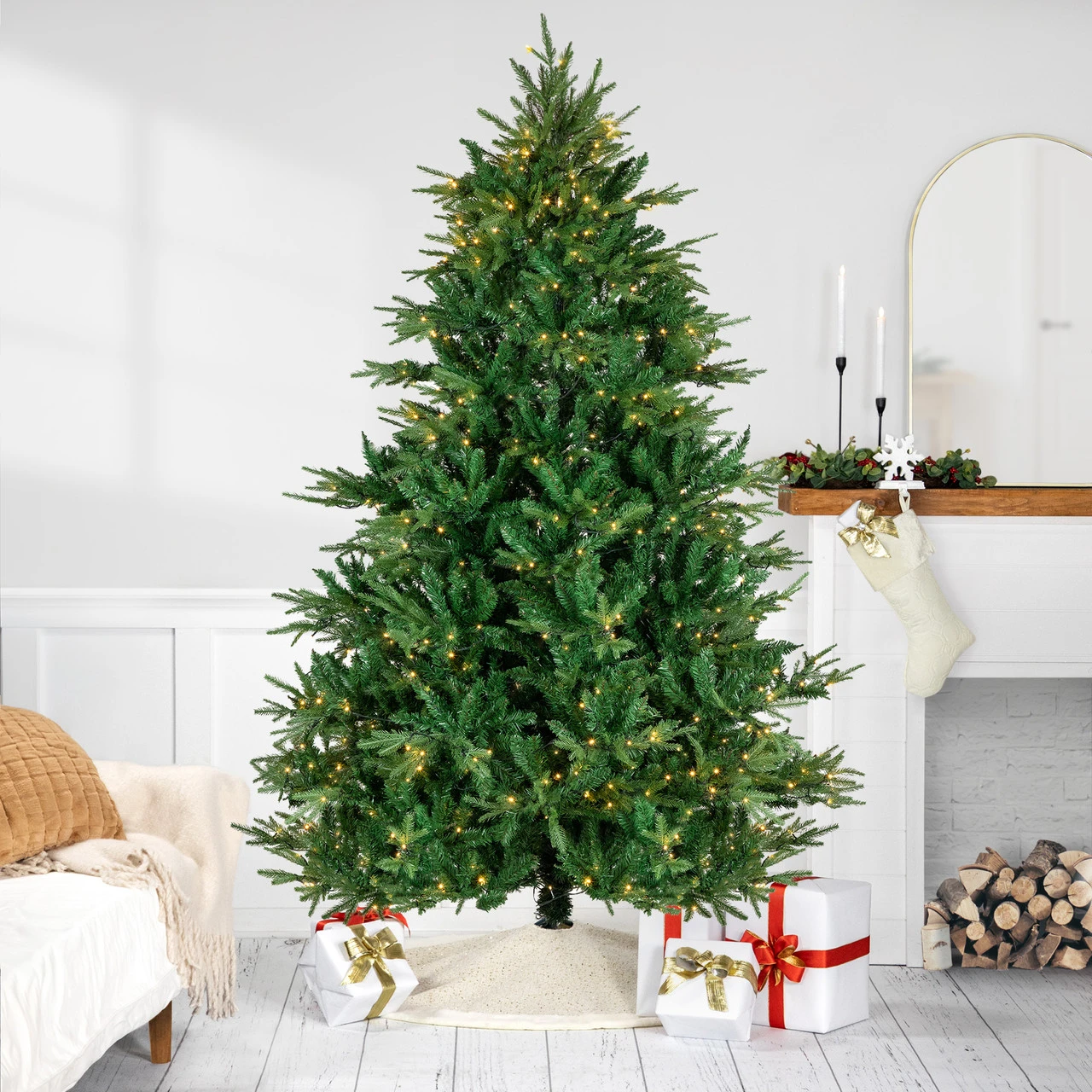 6.5' Pre-Lit Juniper Pine Artificial Christmas Tree, Warm White LED Lights