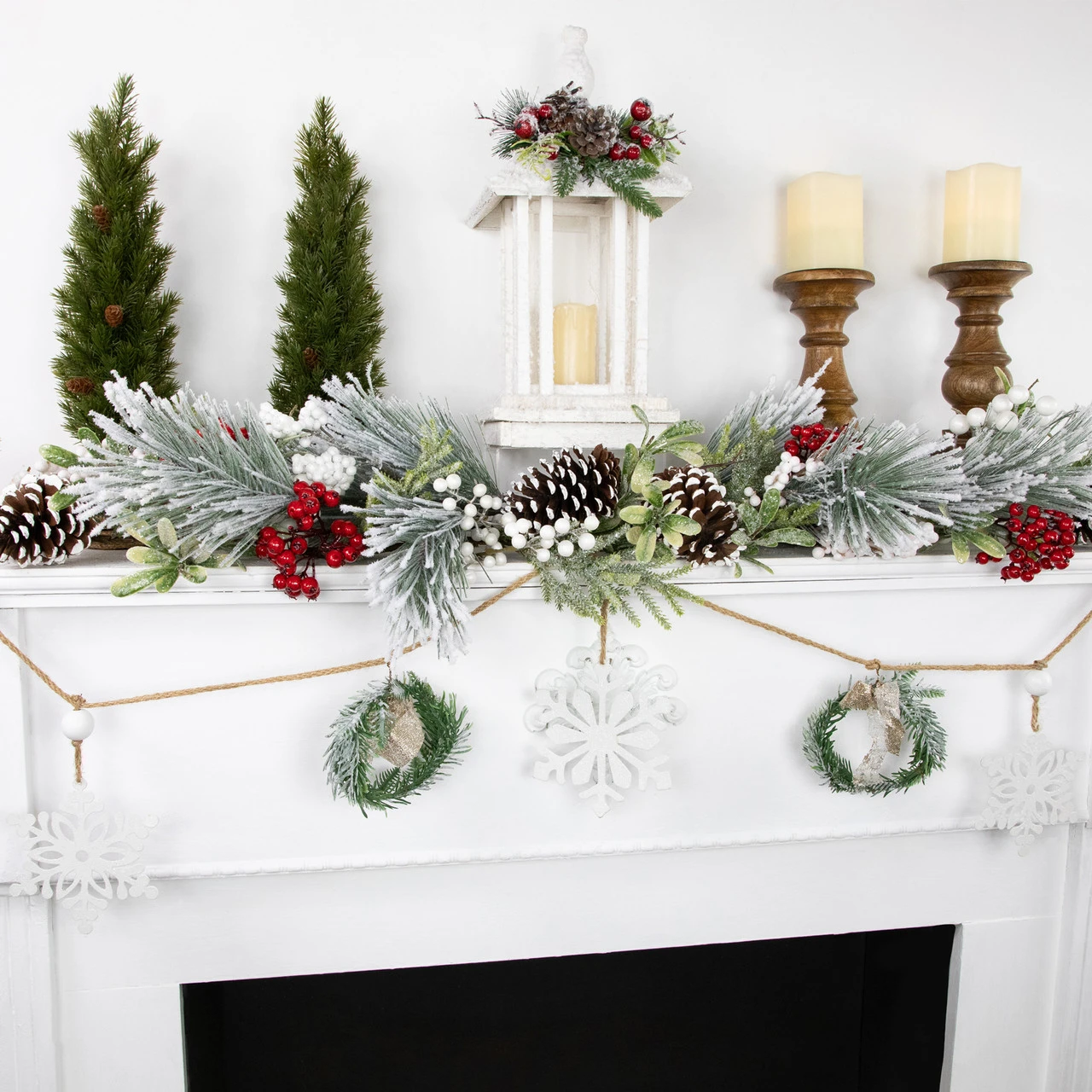 4.75" Snowflake And Frosted Pine Christmas Garland With Wooden Beads - Unlit - Image 2