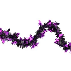 Black With Purple Bats Halloween Tinsel Garland - 50 Feet, Unlit