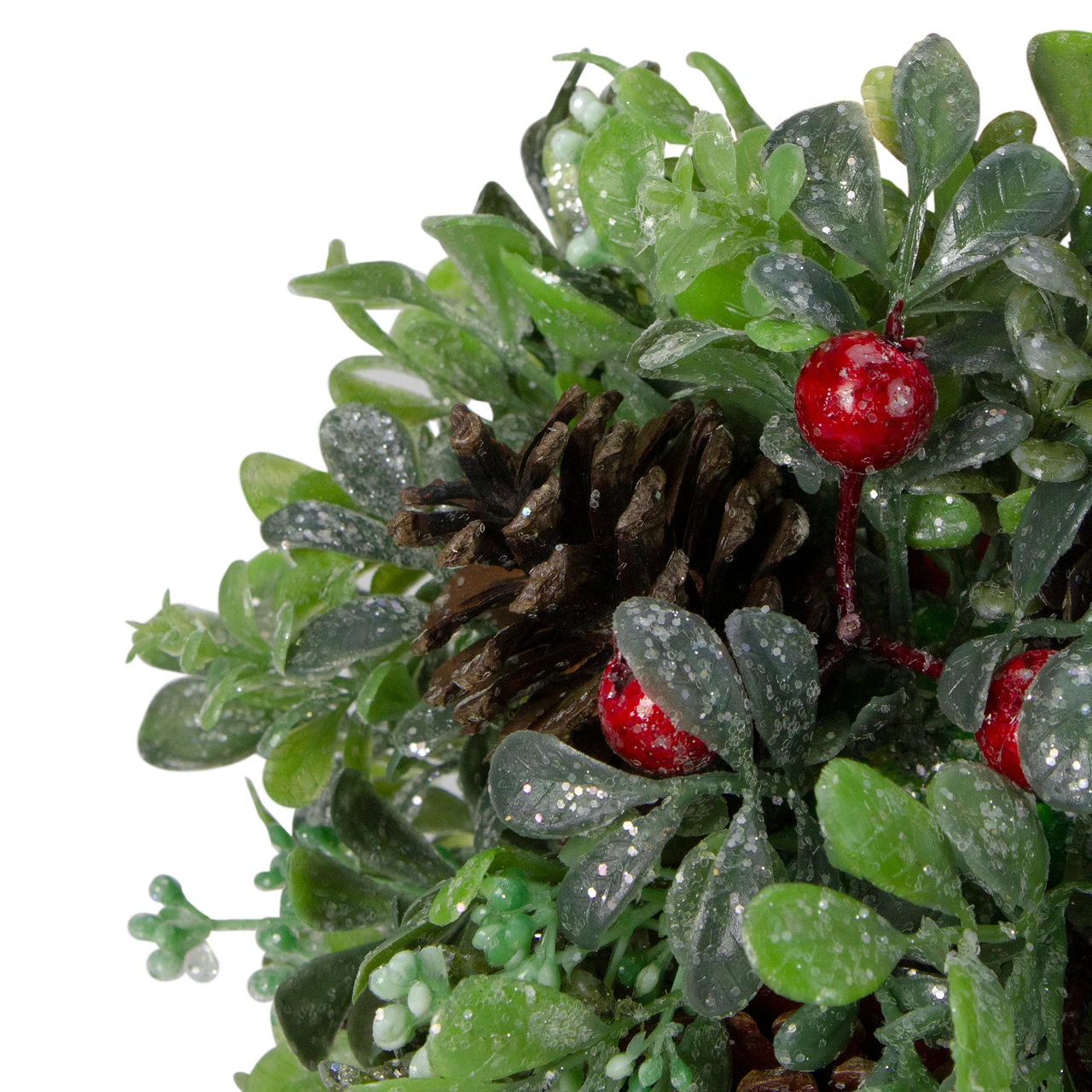 7" Green And Red Glittered Berry With Pine Cone Christmas Topiary Ball Ornament - Image 2