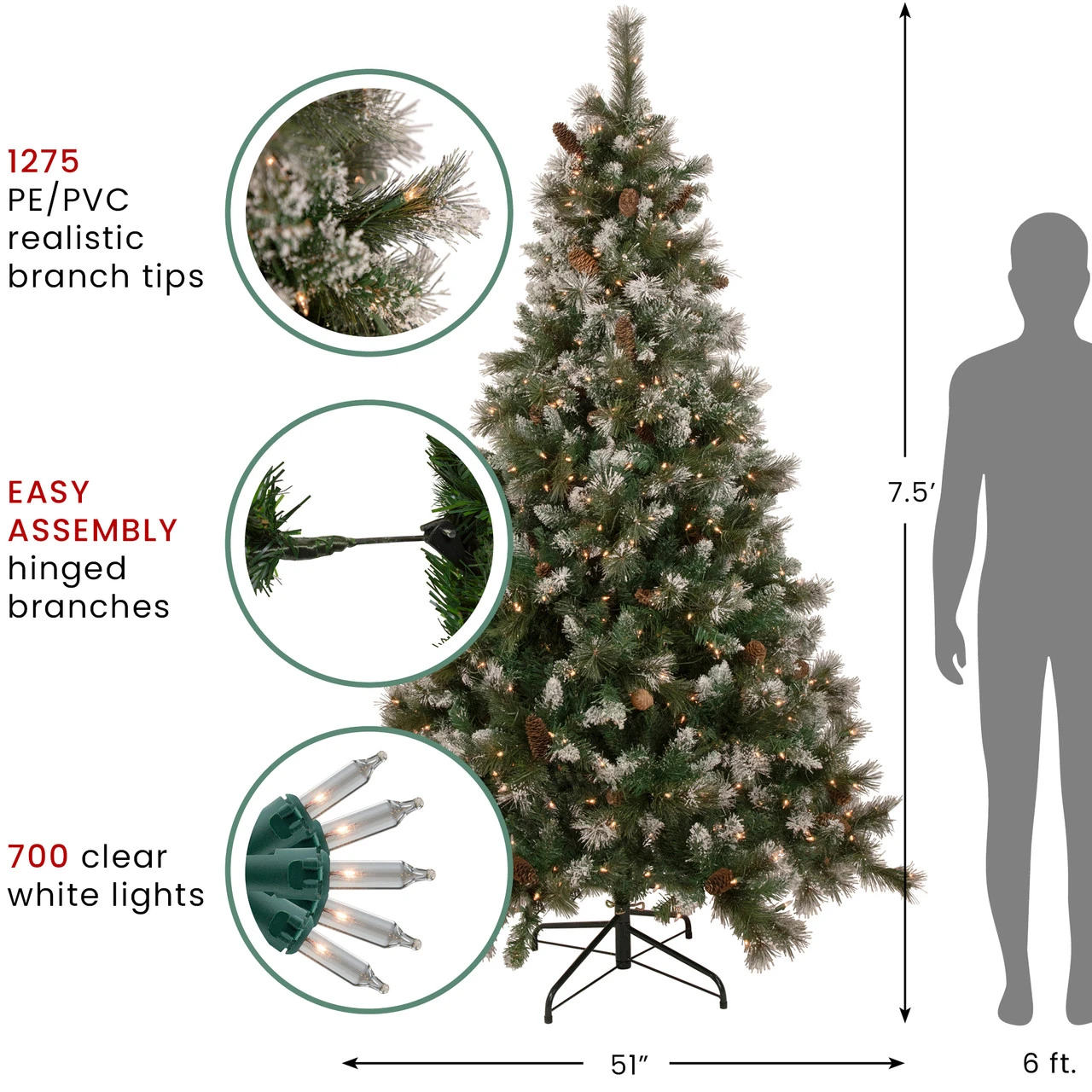 7.5' Pre-lit Snow Valley Pine Artificial Christmas Tree, Clear Lights - Image 7