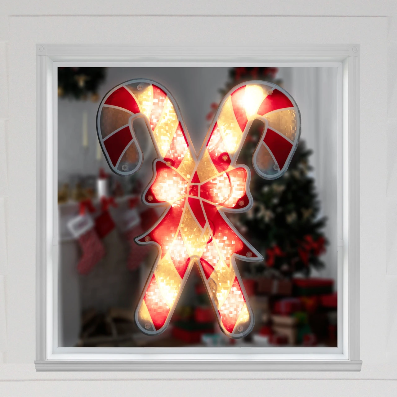 12" Lighted Red And White Holographic Candy Cane Christmas Window Silhouette Decor - Image 3