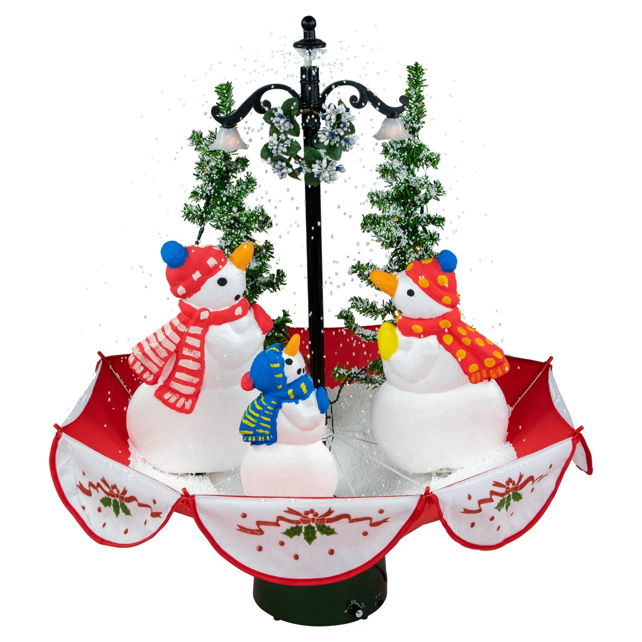 31" Musical Lighted Snowing Snowman Family In Umbrella Base Christmas Decoration