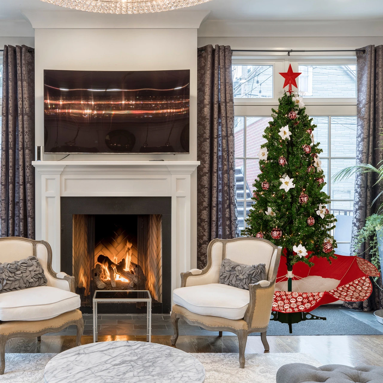 6' Green And Red Musical Lighted Snowing Artificial Christmas Tree, White LED Lights - Image 5