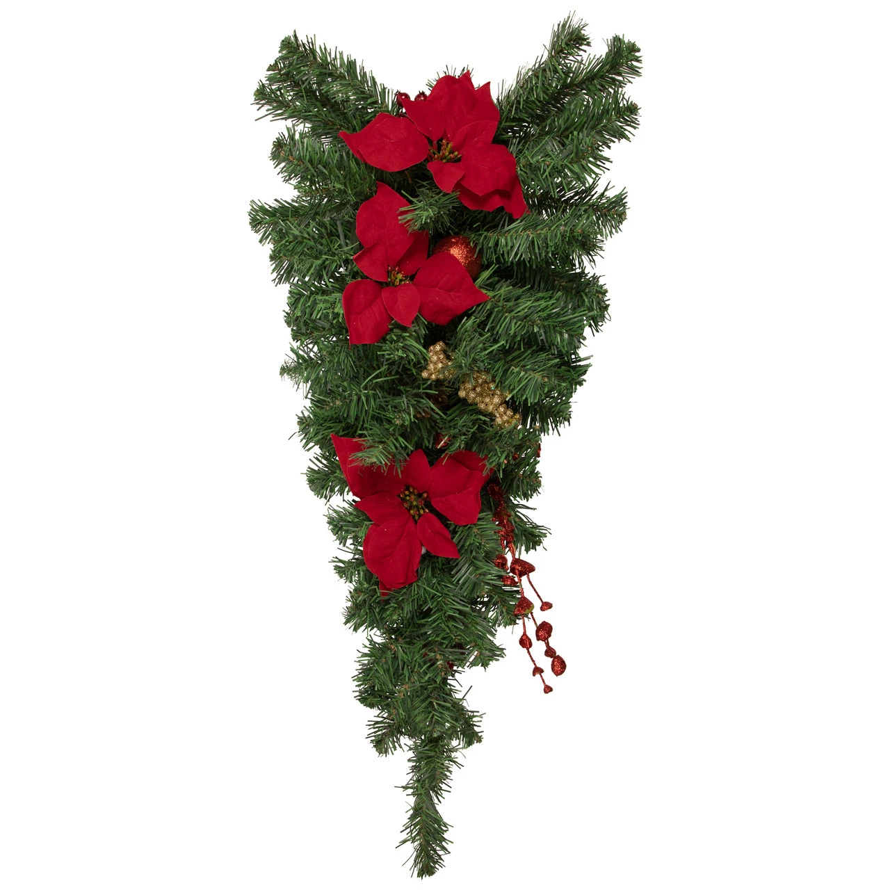 30'' Red Poinsettia And Gold Pine Cone Artificial Christmas Teardrop Swag, Unlit