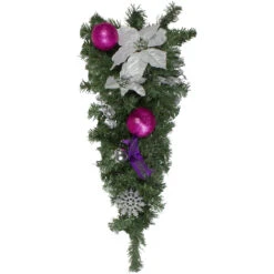 24" Pre-Decorated Pink Ball Ornament And Poinsettia Artificial Christmas Teardrop Swag, Unlit