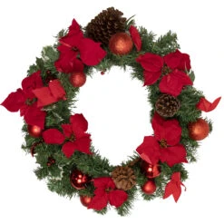 Poinsettia With Pinecone And Ball Artificial Christmas Wreath, 24-Inch, Unlit