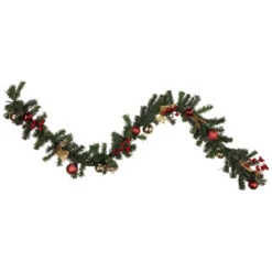 6'x 8" Pre-Lit Decorated Burgundy And Gold Pine Artificial Christmas Garland, Cool White LED Lights