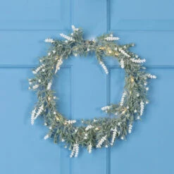 LED Lighted Artificial White Lavender Spring Wreath- 16-inch, White Lights