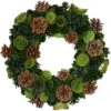 Green Wooden Rose And Pine Cone Artificial Christmas Wreath, 13.5-Inch, Unlit