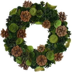 Green Wooden Rose And Pine Cone Artificial Christmas Wreath, 13.5-Inch, Unlit