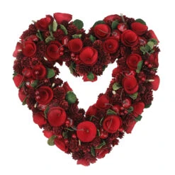 Red Wooden Rose And Cherries Valentine's Day Heart Wreath, 13-Inch, Unlit