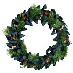 Blue And Green Plaid Bow Artificial Pine Christmas Wreath, 17.75-Inch, Unlit