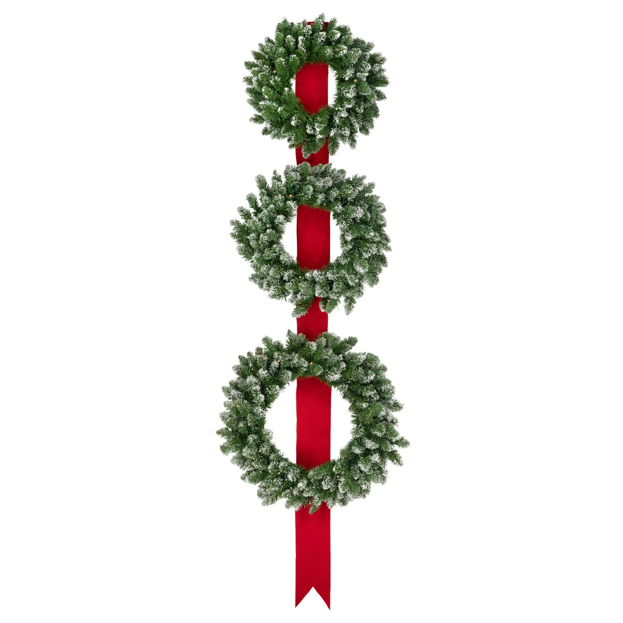 Set Of 3 Pre-Lit B/O Flocked Wreaths On Red Ribbon Christmas Decoration, 6.5'