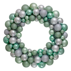 Silver And Seafoam Green 3-Finish Shatterproof Ball Christmas Wreath - 24-Inch, Unlit