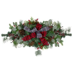 36" Dual Plaid Bows And Red Berries Artificial Christmas Swag - Unlit