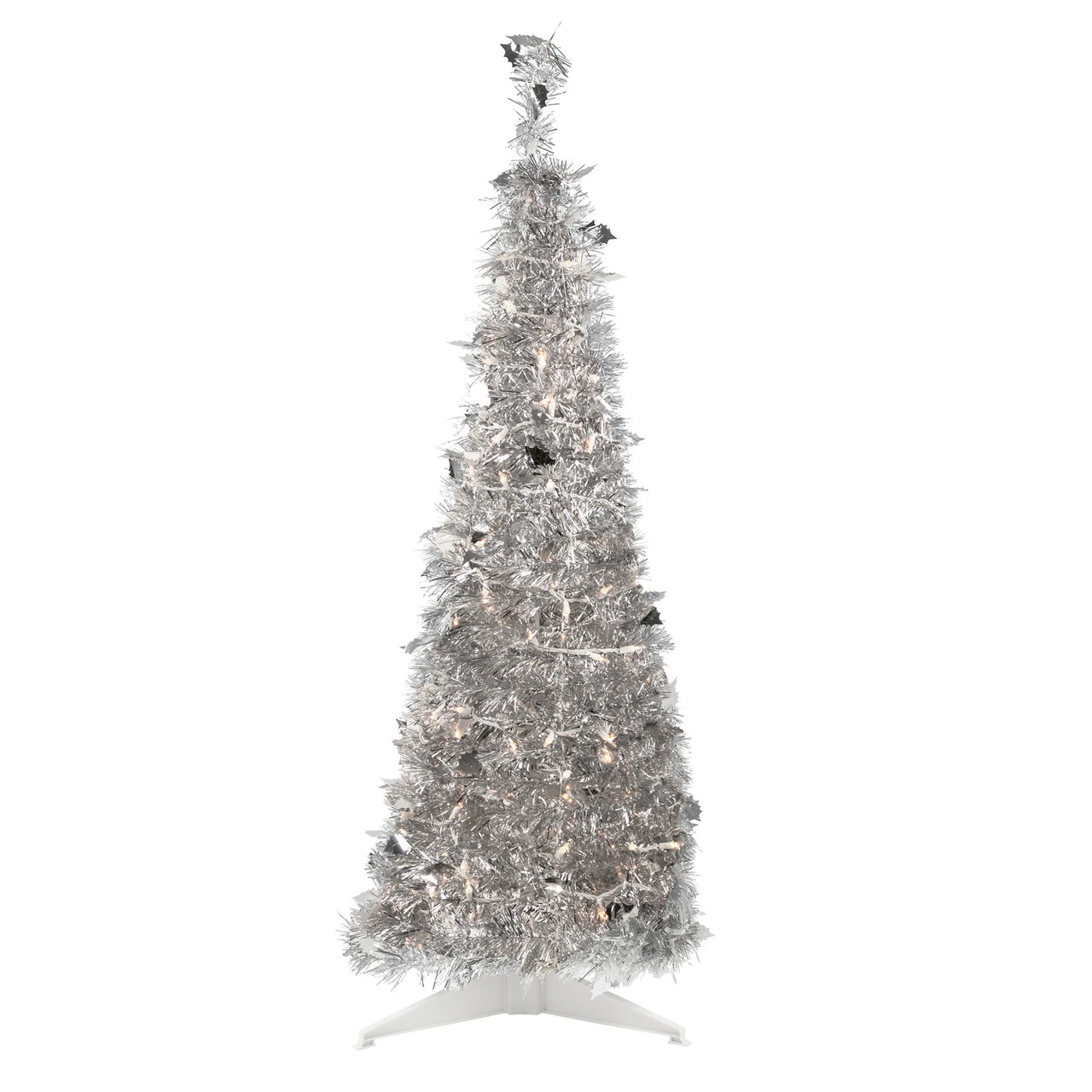 4' Pre-Lit Silver Tinsel Pop-Up Artificial Christmas Tree, Clear Lights