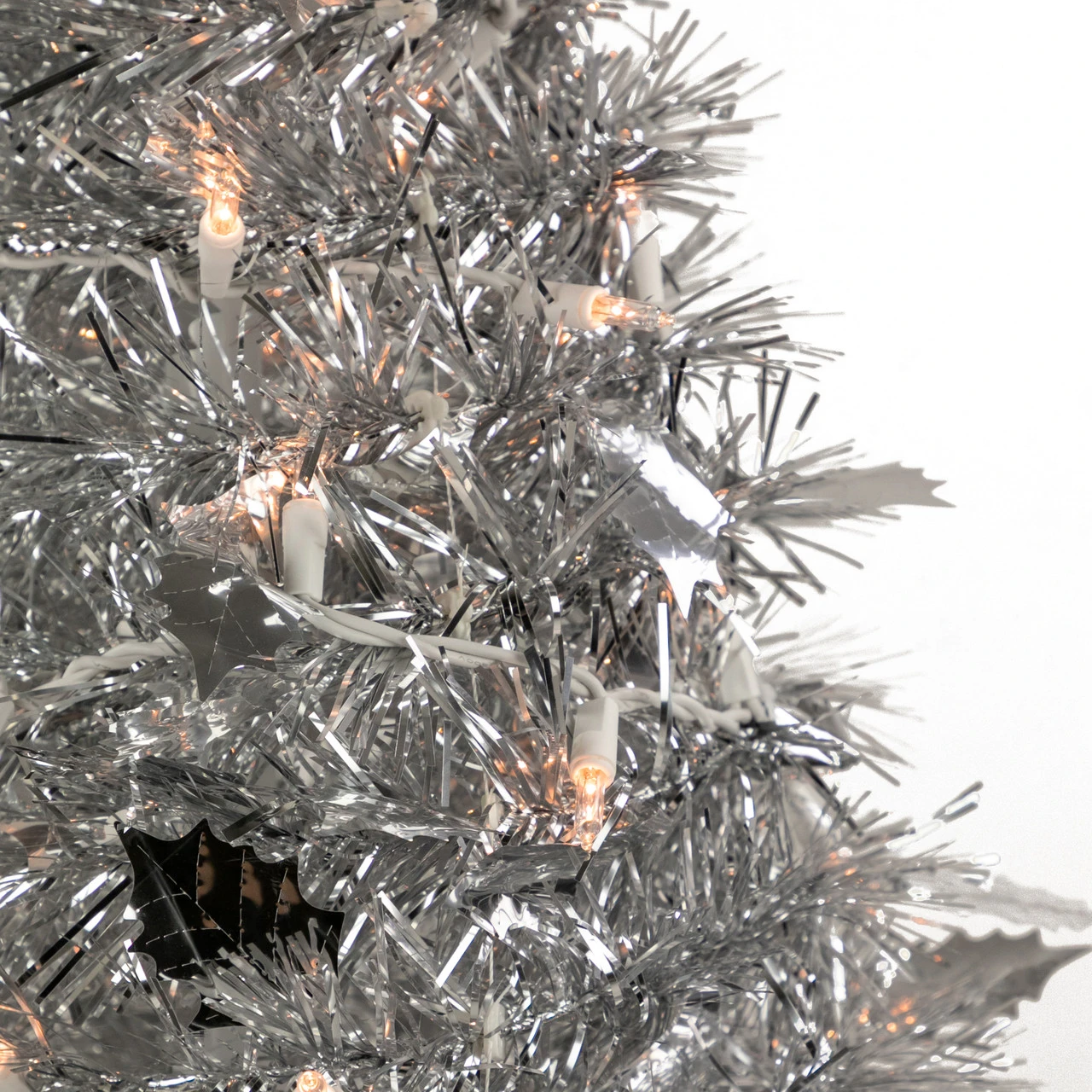 4' Pre-Lit Silver Tinsel Pop-Up Artificial Christmas Tree, Clear Lights - Image 3