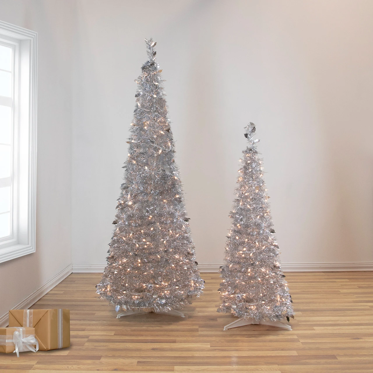 4' Pre-Lit Silver Tinsel Pop-Up Artificial Christmas Tree, Clear Lights - Image 2