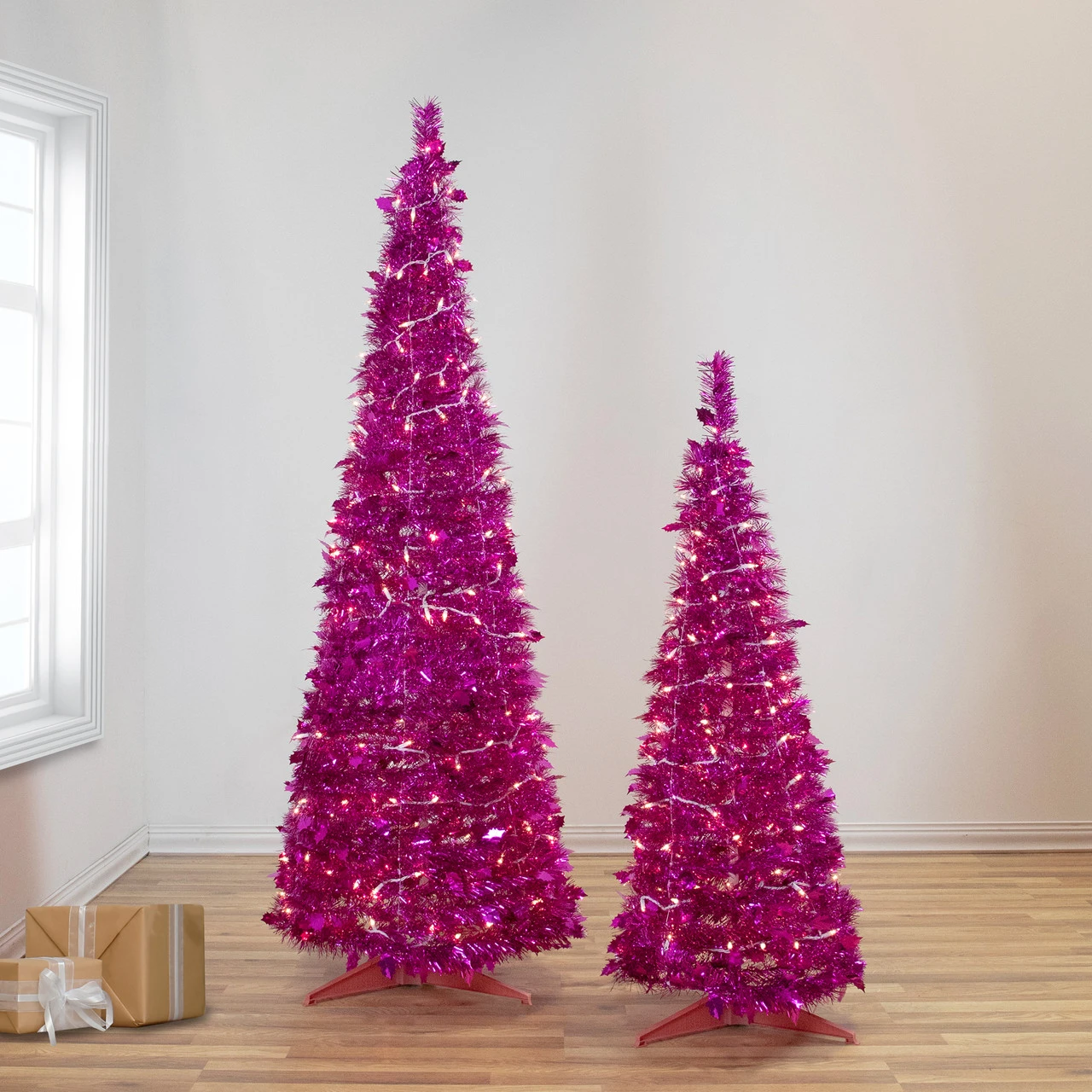 4' Pre-Lit Pink Tinsel Pop-Up Artificial Christmas Tree, Clear Lights - Image 2