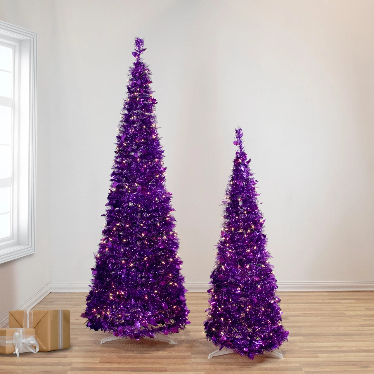 4' Pre-Lit Purple Tinsel Pop-Up Artificial Christmas Tree, Clear Lights - Image 2
