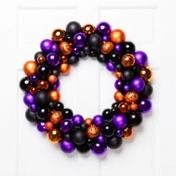 Jack-O-Lantern Shatterproof Ball Ornament Halloween Wreath - 24-Inch, Unlit