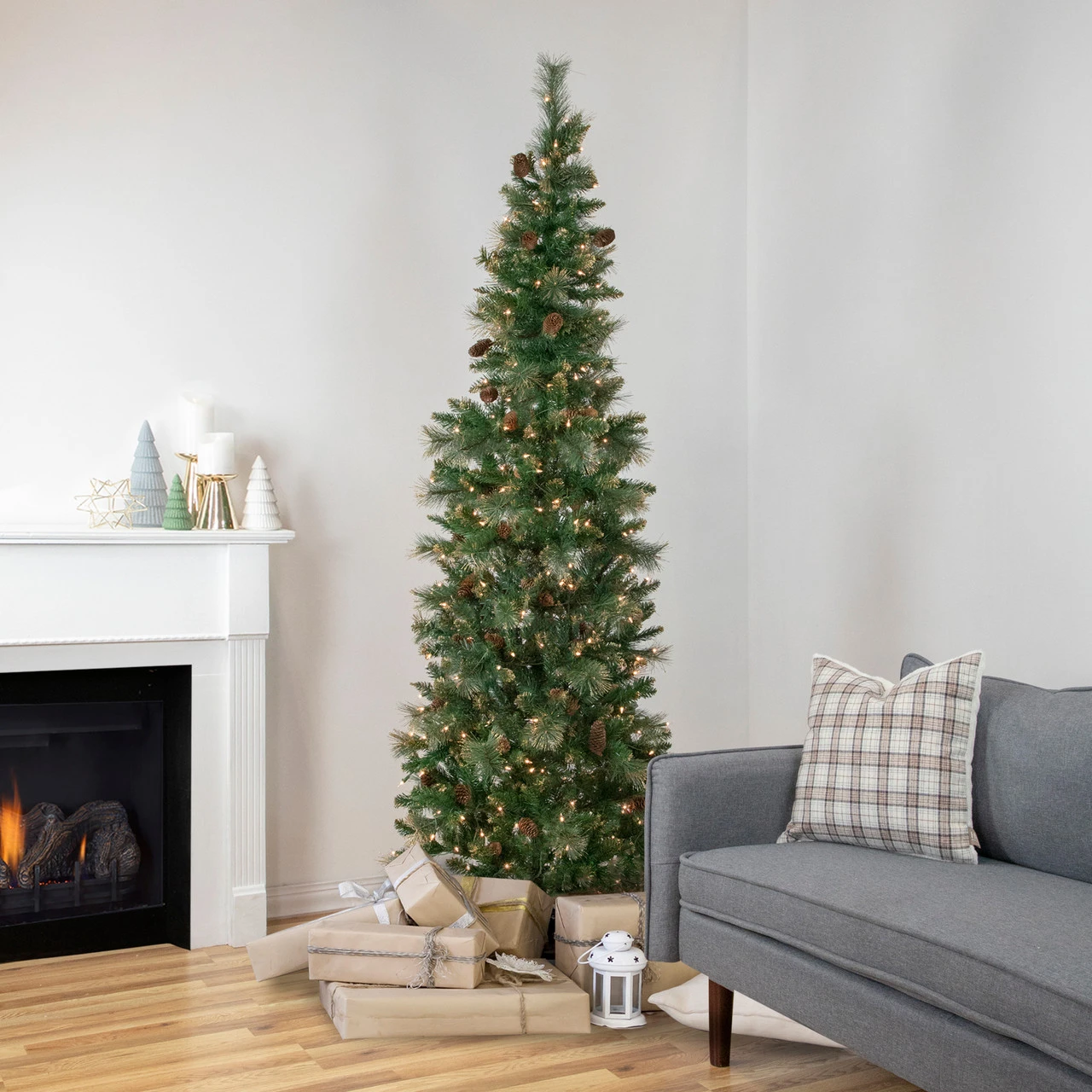 7' Pre-Lit Yorkshire Pine Pencil Artificial Christmas Tree, Clear Lights - Image 2