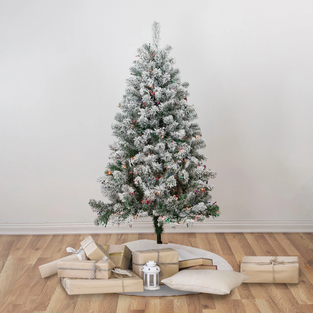 4.5' Pre-Lit Flocked Madison Pine Artificial Christmas Tree, Multi Lights - Image 2