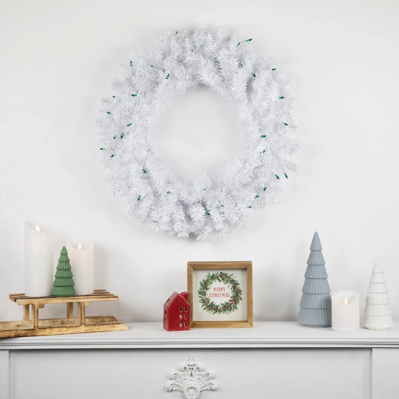 Pre-Lit Woodbury White Pine Artificial Christmas Wreath, 24-Inch, Green Lights - Image 2