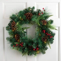 24" Pre-Lit Artificial Mixed Pine And Berries Christmas Wreath
