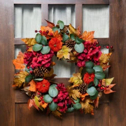 Orange And Burgundy Fall Harvest Artificial Floral And Pinecone Wreath, 22-Inch